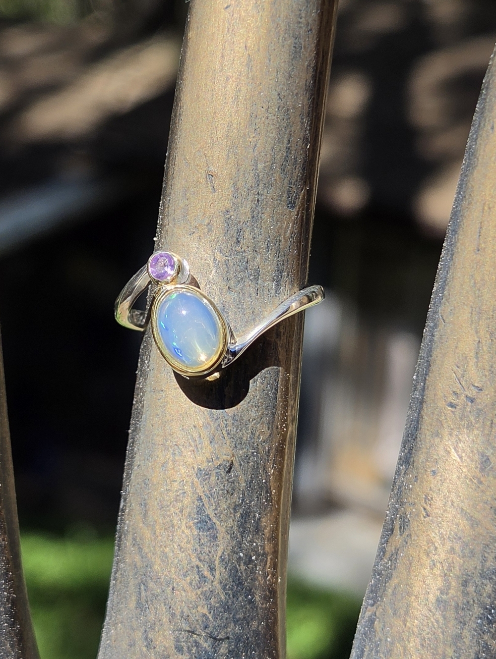 Opal & Amethyst Sterling & Gold Ring Sz6.5 - Picture 3 of 9
